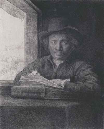 自画像、窓辺でのエッチング、1648（敷設された紙へのエッチングと彫刻） 作： Rembrandt van Rijn