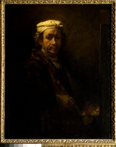 イーゼルでの自画像。レンブラント・ハルメンスゾーン・ファン・レインの絵画 このレンブラント（1606-1669）のEc.ホル。 作： Rembrandt van Rijn