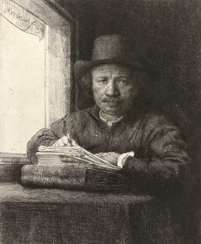 窓での自画像のエッチング、1648 作： Rembrandt van Rijn
