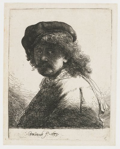 帽子とスカーフの自画像 帽子とマフラー姿の自画像、顔は黒く: バスト 作： Rembrandt van Rijn