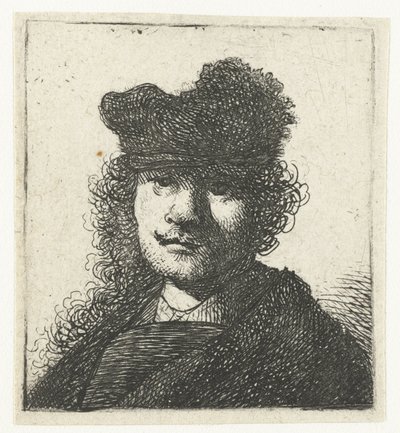 帽子と暗いマントの自画像：バスト 作： Rembrandt van Rijn