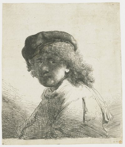 帽子とマフラー姿の自画像、顔は黒く: バスト 作： Rembrandt van Rijn
