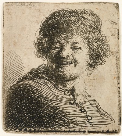 帽子をかぶった自画像：笑いながら、1630年。 作： Rembrandt van Rijn