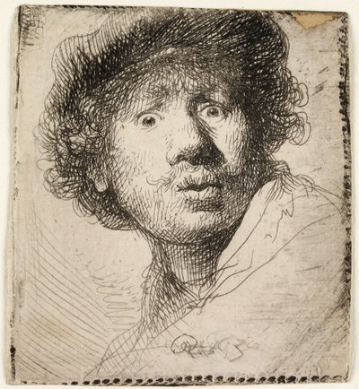帽子をかぶった自画像：口を開けて、1630年。 作： Rembrandt van Rijn