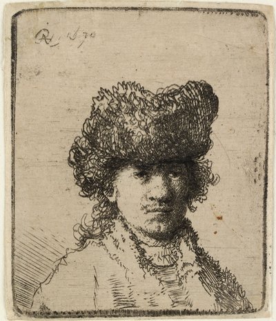 毛皮の帽子をかぶった自画像：胸像、1630年。 作： Rembrandt van Rijn