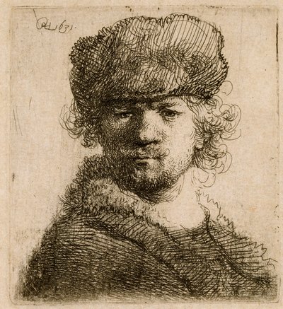重い毛皮の帽子をかぶった自画像：胸像、1631年。 作： Rembrandt van Rijn