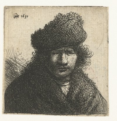 スラントファーキャップの自画像：バスト 作： Rembrandt van Rijn
