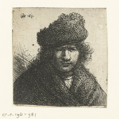 スラントファーキャップの自画像：バスト 作： Rembrandt van Rijn