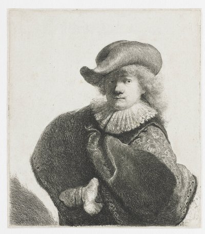 柔らかい帽子と模様のあるマントの自画像 作： Rembrandt van Rijn
