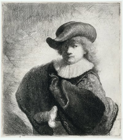 柔らかい帽子と刺繍のマントを着た自画像、1631年。 作： Rembrandt van Rijn