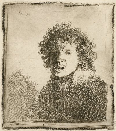 叫んでいるかのように口を開けた自画像：胸像、1630年。 作： Rembrandt van Rijn