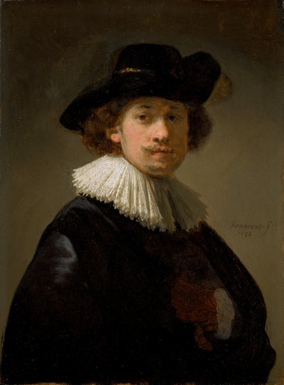 ラフと黒い帽子をかぶった自画像、1632年。 作： Rembrandt van Rijn