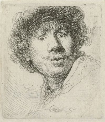 ベレー帽と目が広い自画像、1630 作： Rembrandt van Rijn