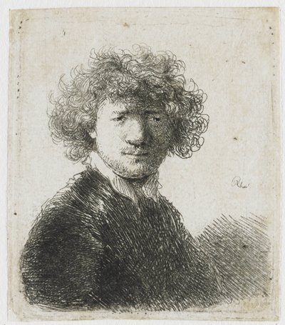 巻き髪に白襟の自画像：バスト 作： Rembrandt van Rijn