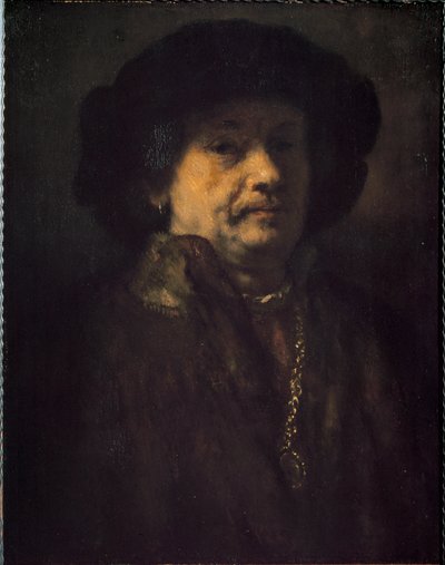 イヤリングとゴールドチェーンをつけたセルフポートレイト（絵画 作： Rembrandt van Rijn