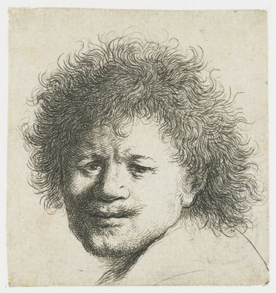 ふさふさした長い髪の自画像：頭のみ 作： Rembrandt van Rijn