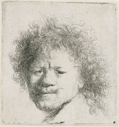 ふさふさとした長い髪をした自画像：頭部のみ 作： Rembrandt van Rijn