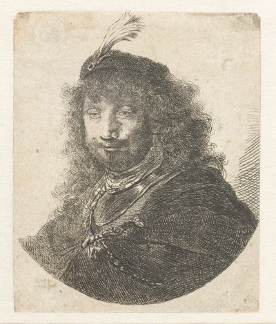 1634年以降の羽毛のベレー帽をかぶった自画像。 作： Rembrandt van Rijn