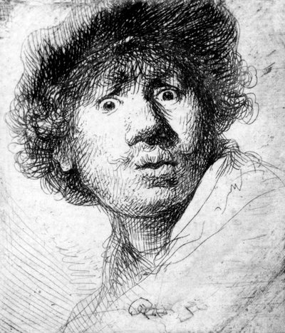 セルフポートレート、1630（エッチング） 作： Rembrandt van Rijn
