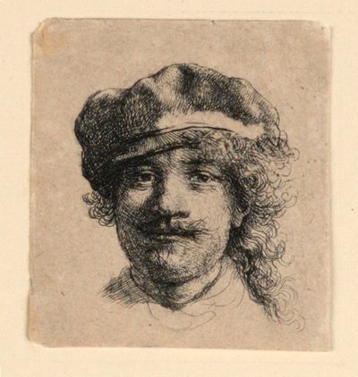ソフトキャップをかぶった自画像：顔全体、頭のみ 作： Rembrandt van Rijn
