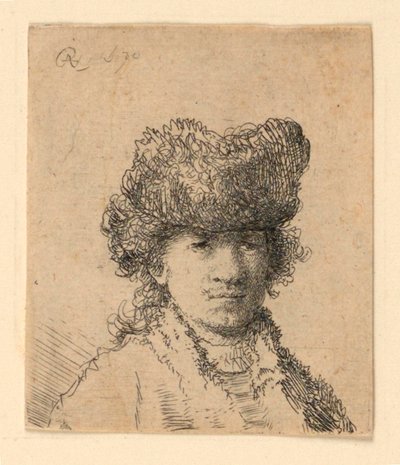 毛皮の帽子の自画像: バスト 作： Rembrandt van Rijn