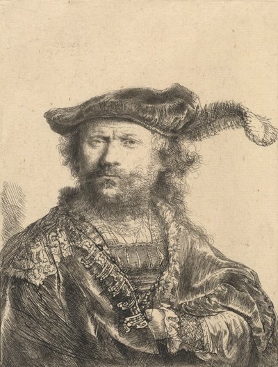 プルーム付きベルベットキャップのセルフポートレート、1638 作： Rembrandt van Rijn