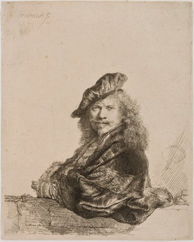 窓枠に寄りかかったセルフポートレート、1639年（エッチングとドライポイント） 作： Rembrandt van Rijn