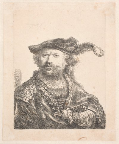 ベルベット キャップとプルームの自画像、刺繍ドレス: バスト 作： Rembrandt van Rijn