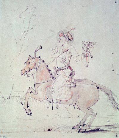 馬にハヤブサが乗ったシャージェハン（紙にペンとインクとトイレ） 作： Rembrandt van Rijn