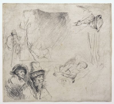 Sheet of Studies (女性が病気でベッドに横たわっている) 作： Rembrandt van Rijn