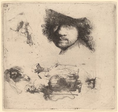 芸術家の頭、物乞いの夫婦、老人と老婆の頭を含む習作のシート 作： Rembrandt van Rijn