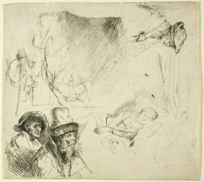 ベッドで病気で横たわっている女性との研究のシート 作： Rembrandt van Rijn