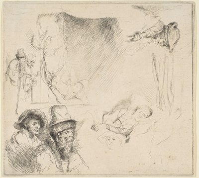 ベッドなどで病気で横たわっている女性との研究のシート、約。 164142。 作： Rembrandt van Rijn