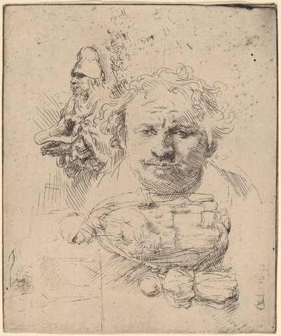 芸術家の頭、物乞いの男、女と子供の習作 作： Rembrandt van Rijn