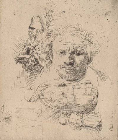 アーティストの頭、物乞いの男、女性と子供の習作、1651。 作： Rembrandt van Rijn