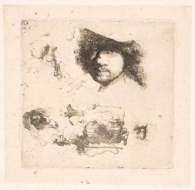 習作のシート: レンブラントの頭、物乞いの夫婦、老人と老婆の頭など。 作： Rembrandt van Rijn
