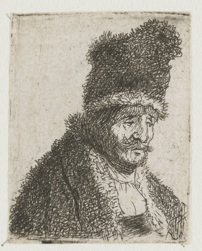 男性の頭部を描いた習作集：毛皮のコートとハイキャップを身につけた老人 作： Rembrandt van Rijn