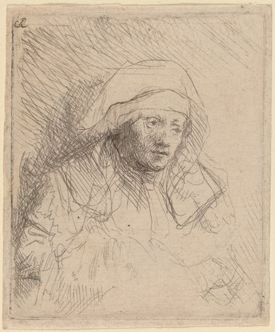 大きな白い頭飾りの病気の女性 (サスキア) 作： Rembrandt van Rijn