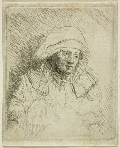 大きな白い頭飾りの病気の女性 (サスキア) 作： Rembrandt van Rijn