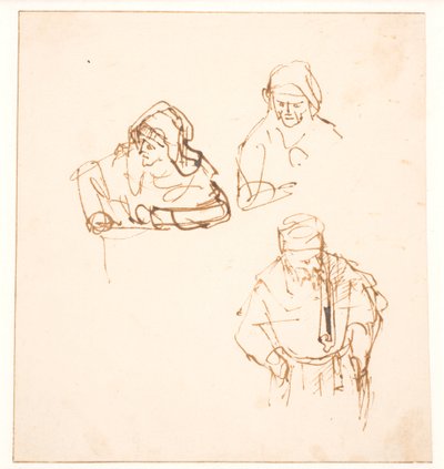 女性の習作 2 つと男性の習作 1 つを含むスケッチ 作： Rembrandt van Rijn