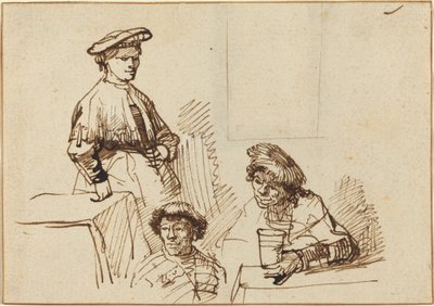 居酒屋のスケッチ: 立っている女性と座っている 2 人の男性 作： Rembrandt van Rijn