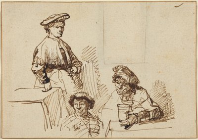 酒場でのスケッチ：立っている女性と座っている二人の男性 作： Rembrandt van Rijn