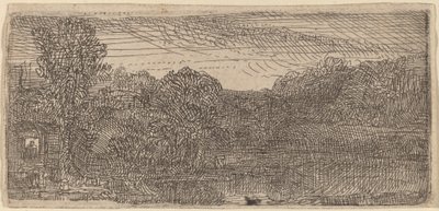 小さな灰色の風景: プールのそばの家と木々 作： Rembrandt van Rijn
