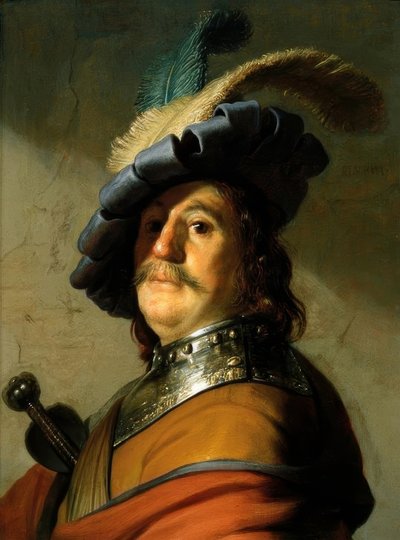 鉄の首輪と羽帽子の兵士 作： Rembrandt van Rijn