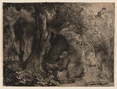 木の下で祈る聖フランシスコ 作： Rembrandt van Rijn