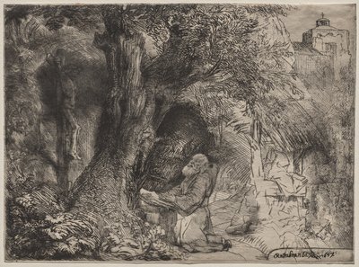 木の下で祈る聖フランシスコ 作： Rembrandt van Rijn