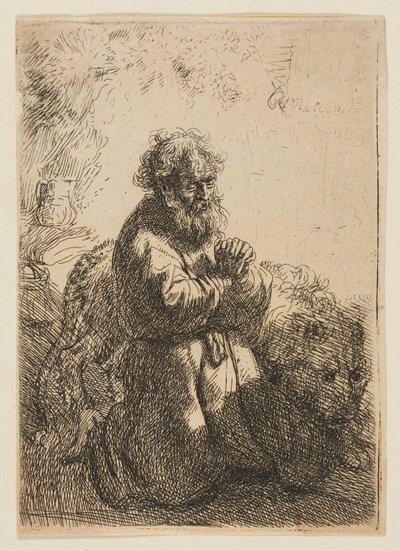 ひざまずいて祈りを捧げる聖ジェローム 作： Rembrandt van Rijn