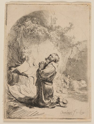 聖ジェロームの祈り: アーチ型 作： Rembrandt van Rijn