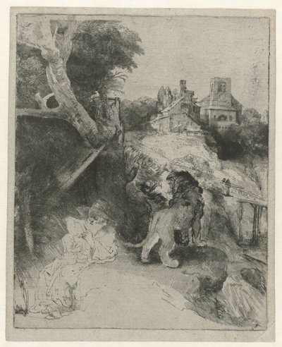 イタリアの風景で読書する聖ヒエロニムス イタリアの風景の中で読書する聖ヒエロニムス 作： Rembrandt van Rijn