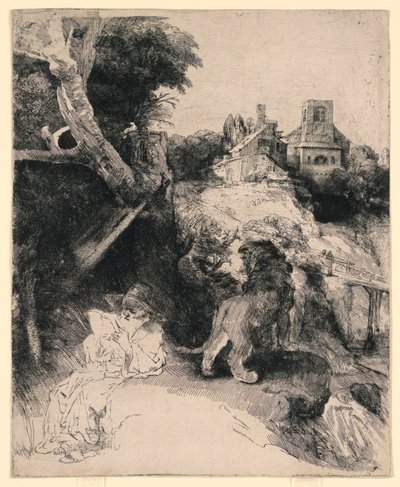 イタリアの風景の中で読書する聖ヒエロニムス 作： Rembrandt van Rijn